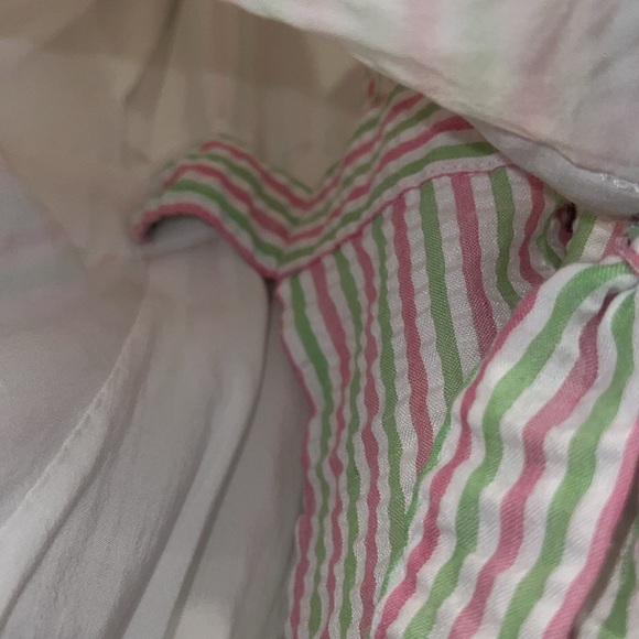 Draper James Pink & Green Striped Seersucker Wrap Dress w/Puff Sleeve & Ruffles - Picture 8 of 8